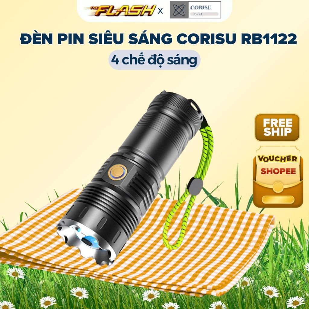 Đèn pin siêu sáng cầm tay CORISU RB1122 zoom xa gần, chiếu xa 500m, chống nước, sạc ngược điện thoại