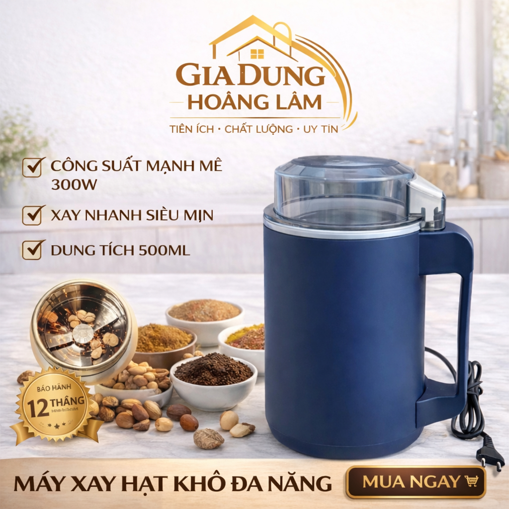 Máy Xay Hạt Khô Đa Năng 300W Công Suất Lớn, Xay Siêu Mịn, Dung Tích 500ML, Xay Ngũ Cốc Gia Vị Tiện Lợi
