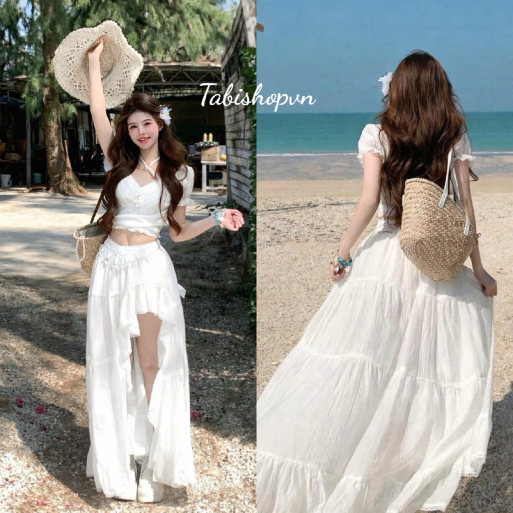 Set áo trễ vai cổ yếm phối chân váy đuôi cá cách điệu TABISHOP Set đồ đi biển cá tính mặc du lịch dễ thương(299) | BigBuy360 - bigbuy360.vn