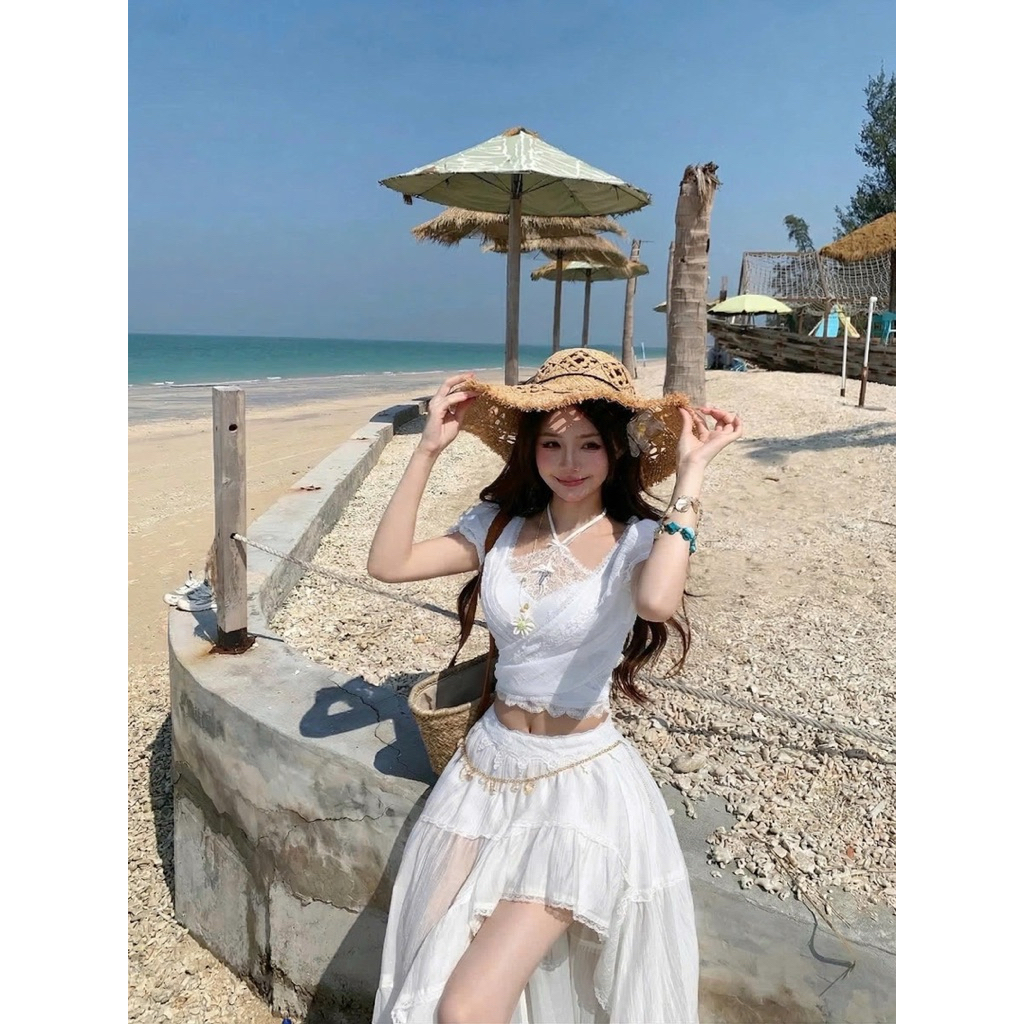Set áo trễ vai cổ yếm phối chân váy đuôi cá cách điệu TABISHOP Set đồ đi biển cá tính mặc du lịch dễ thương(299) | BigBuy360 - bigbuy360.vn