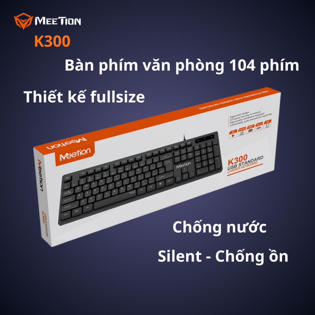 Bàn phím văn phòng chống ồn K300 MeeTion 104 phím thiết kế Ergonomic keycap gia công UV độ bền cao