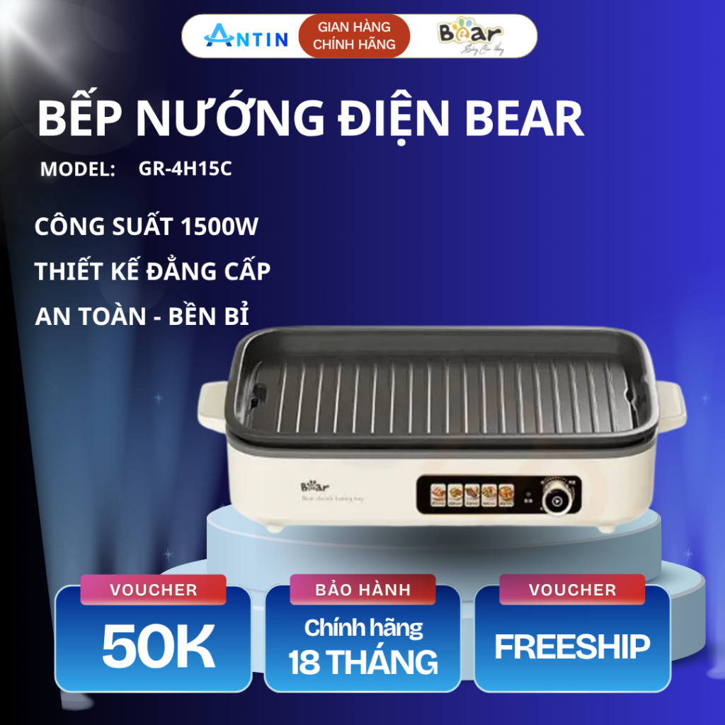 Bếp Nướng Điện Bear GR-4H15C Đa Năng, Nướng Nhanh Không Phải Chờ Đợi, Khay Rộng Cho 3-6 Người - Bếp 