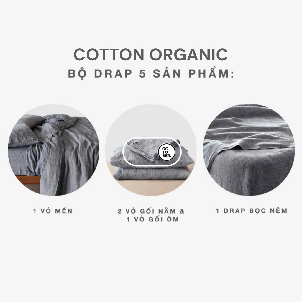 OCTOBER BEDDING Bộ Chăn Ga Gối 5 món giao Hỏa Tốc size 1m6x2m đến 1m8x2m Cotton Organic vải trơn và 