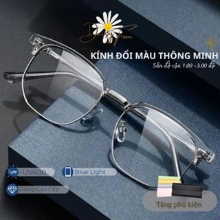 Mắt kính nam đổi màu cận chống ánh sáng xanh UV thời trang gọng nửa viền kim loại titan cao cấp hiện đại