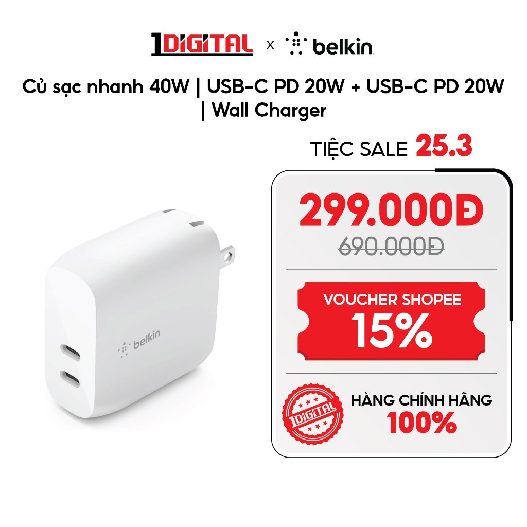 (Belkin) Củ sạc nhanh 40W | USB-C PD 20W + USB-C PD 20W | Wall Charger