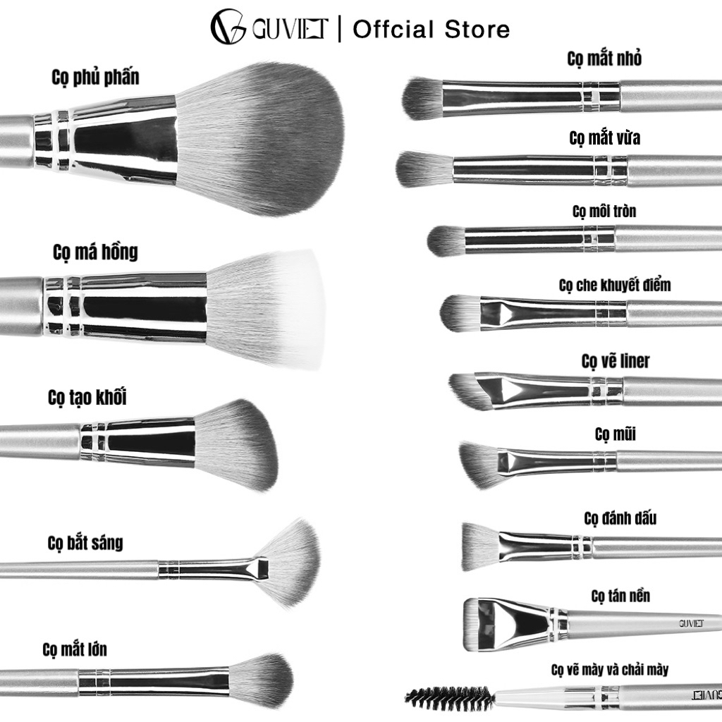 Bộ cọ trang điểm cá nhân GUVIET set 14 cây màu xám bạc có bao da (cốc) | BigBuy360 - bigbuy360.vn
