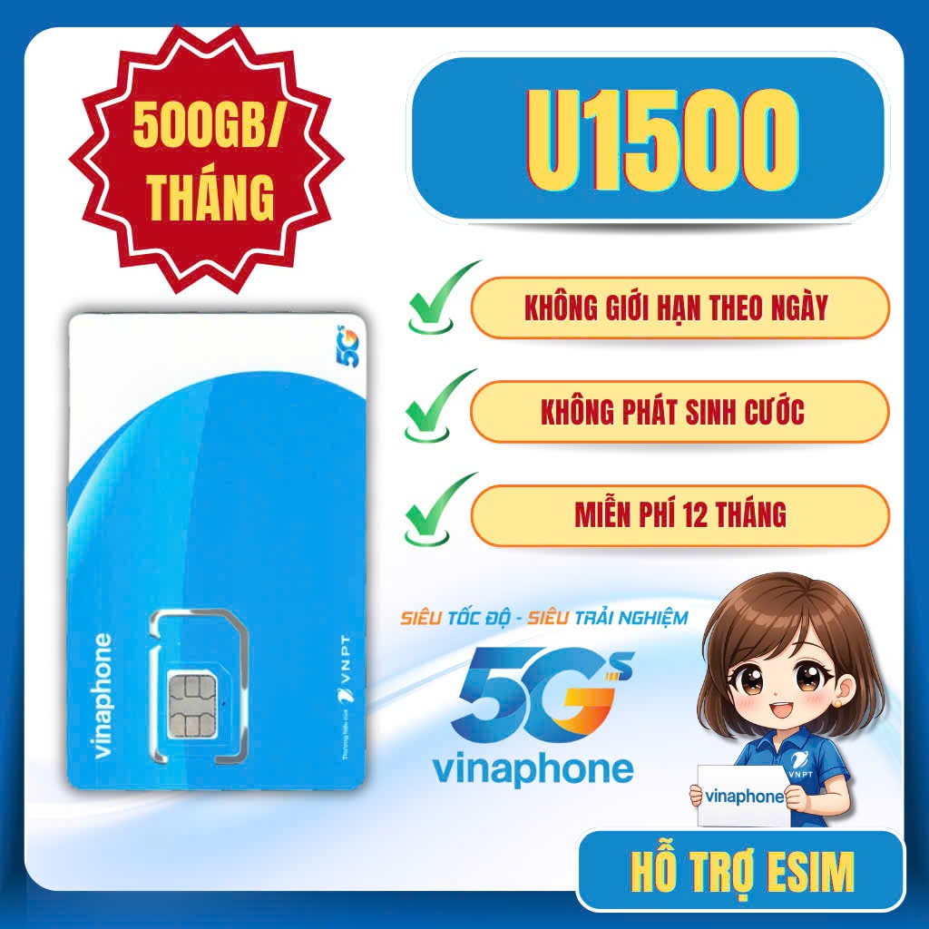 |500GB/Tháng| Sim Vinaphone Gói U1500 giá rẻ