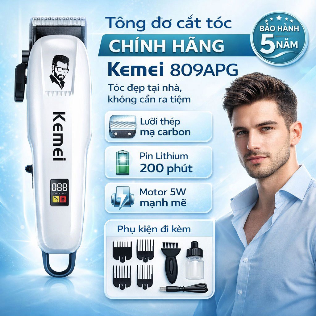 Tông Đơ Cắt Tóc Kemei 809APG Tăng Đơ Cắt Tóc Gia Đình Chuyên Nghiệp Chính Hãng, Màn Hình LED Cao Cấp