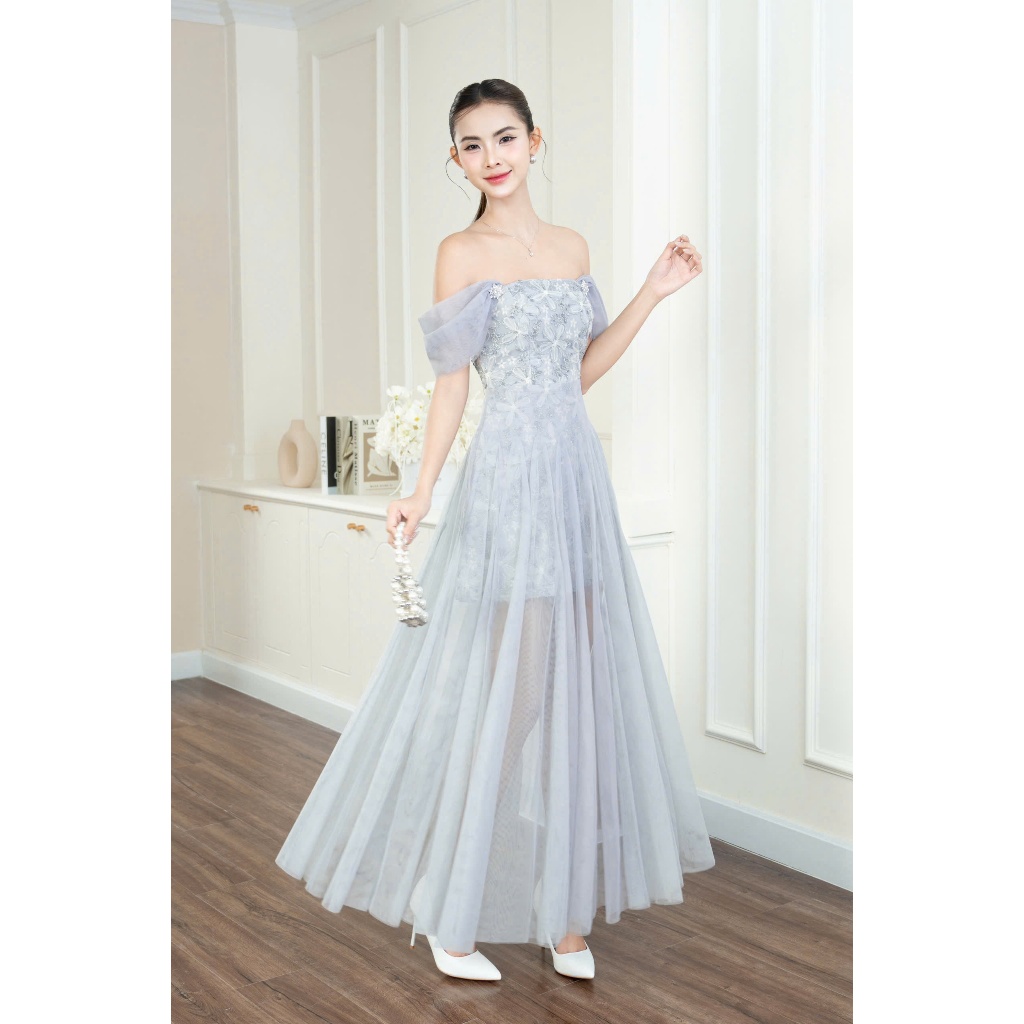 Đầm Trễ Vai Ren Hoa Phối Lưới Xoè Tiểu Thư Công Chúa D1399