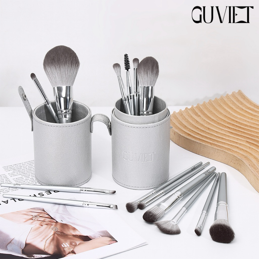[Võ Hà LinhxGUVIET]  Set 14 Cọ Trang Điểm Xám Bạc kèm túi (cốc) tặng trứng giặt cọ 350g | BigBuy360 - bigbuy360.vn