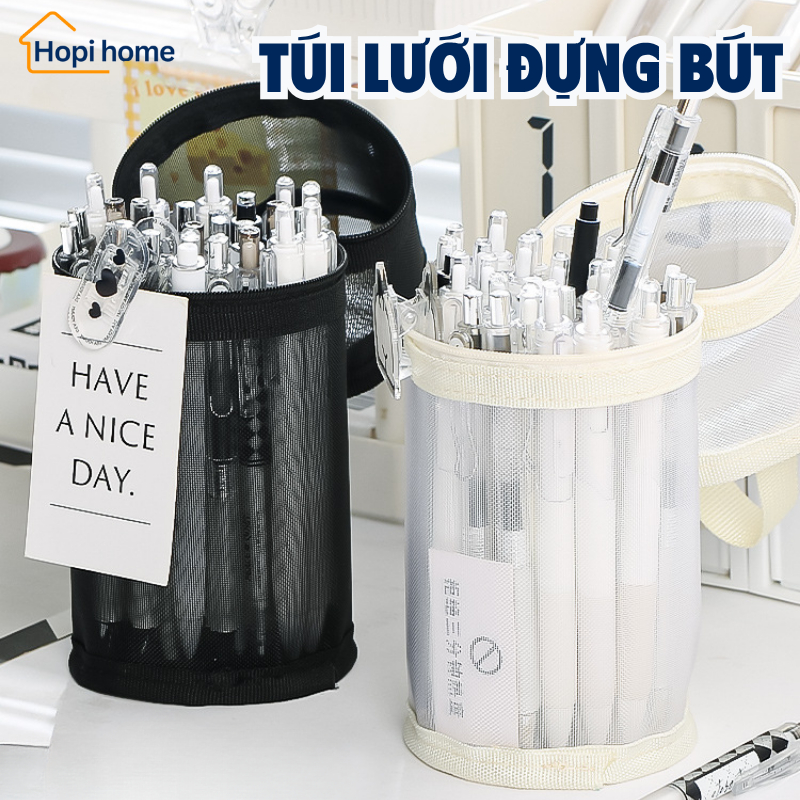 ( TẶNG STICKER ) Hộp Đựng Bút Lưới Hình Trụ Tiện Lợi HOPI HOME- Kích Thước 20x9cm - Màu Đen/Be Sữa