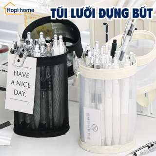 ( TẶNG STICKER ) Hộp Đựng Bút Lưới Hình Trụ Tiện Lợi HOPI HOME- Kích Thước 20x9cm - Màu Đen/Be Sữa