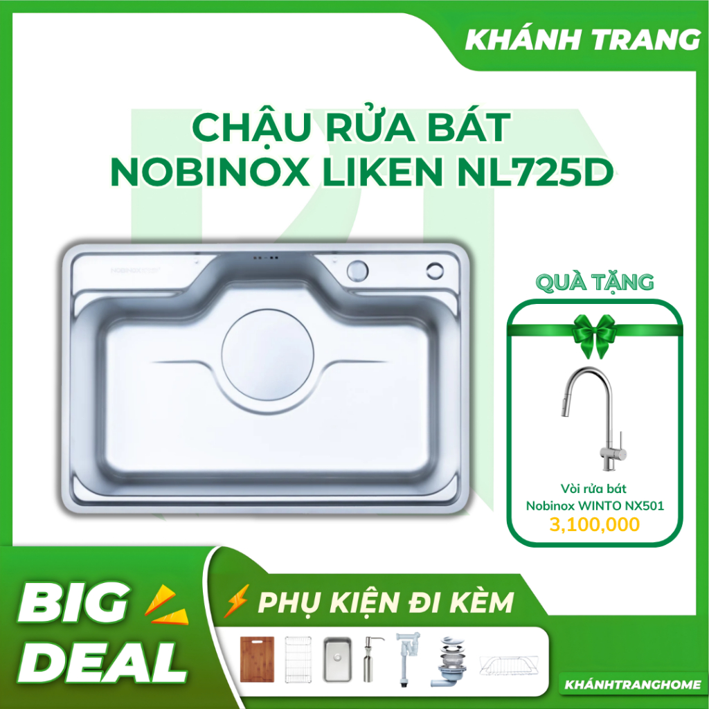 [TẶNG VÒI CAO CẤP] Chậu rửa chén Nobinox LIKEN NL725D một hố vân mịn chống xước - Khánh Trang Home
