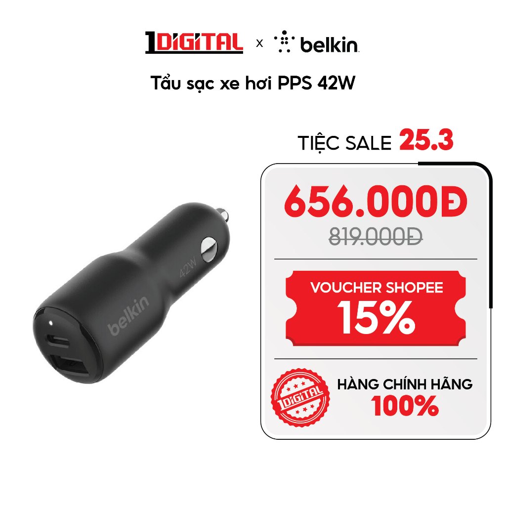 (Belkin) Tẩu sạc xe hơi PPS 42W | 30W USB-C + 12W USB-A Belkin