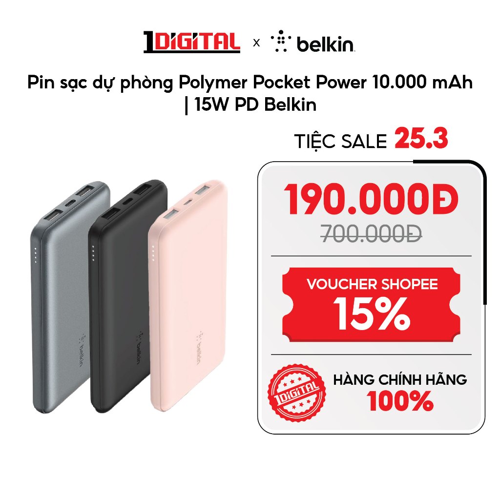 (Belkin) Pin sạc dự phòng Polymer Pocket Power 10.000 mAh | 15W PD Belkin