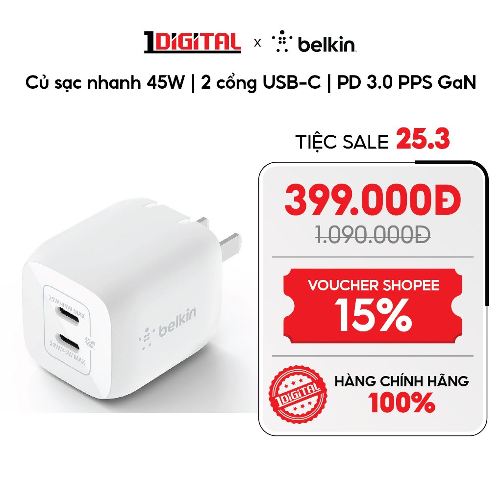 (Belkin) Củ sạc nhanh 45W | 2 cổng USB-C | PD 3.0 PPS GaN