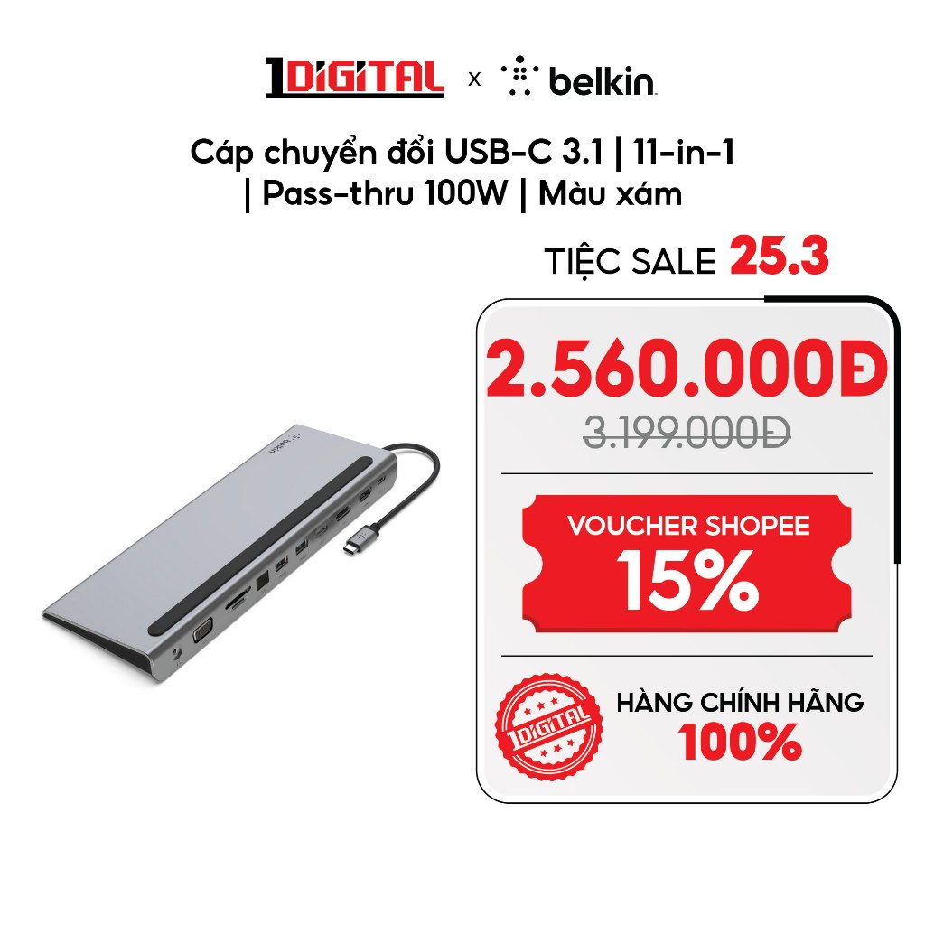(Belkin) Cáp chuyển đổi USB-C 3.1 | 11-in-1 | Pass-thru 100W | Màu xám