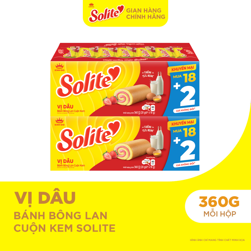 Combo 2 Hộp Bánh Bông Lan Cuộn Kem Solite 18+2 Vị Dâu 360G