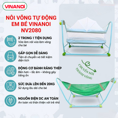 Nôi Võng Tự Động Vinanoi NV2080 Cao Cấp - 2in1 Nôi & Võng Cho Bé - Máy Đưa Êm - Tải 3-25kg - Bảo Hành 12 Tháng