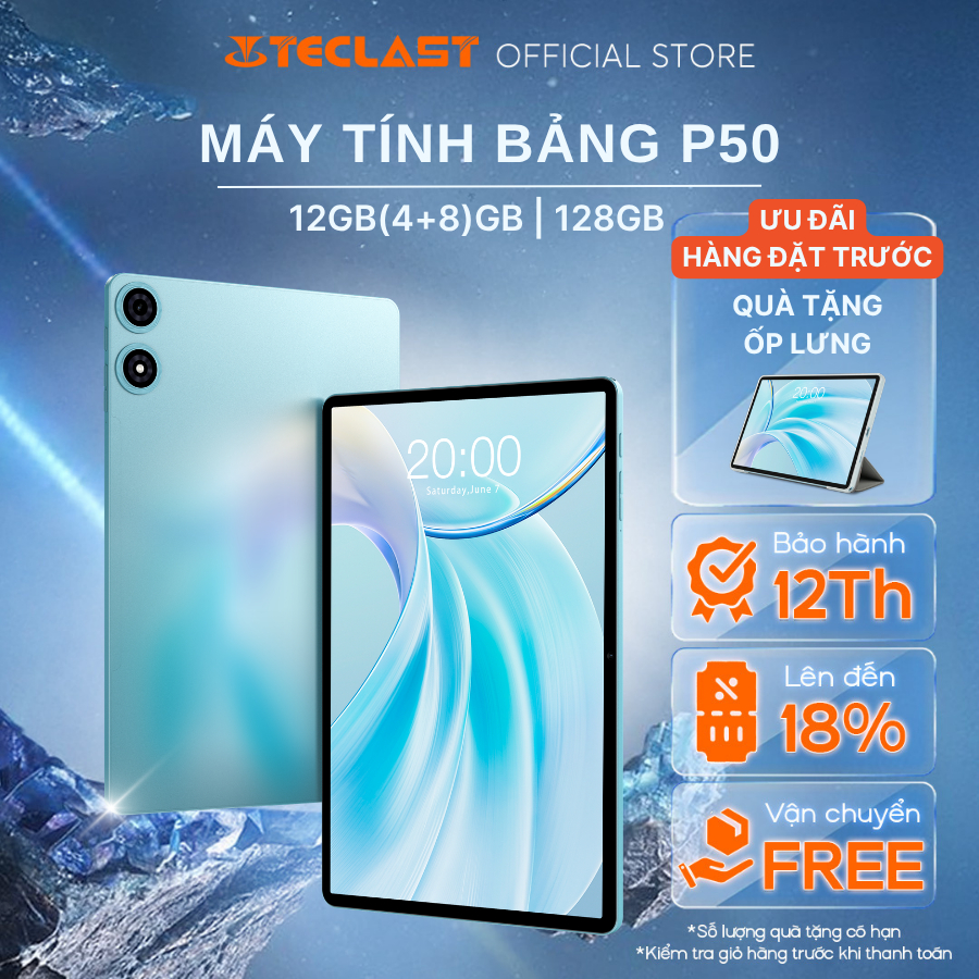 [TRẢ ĐƠN 30.3] Máy tính bảng Teclast P50 12GB(4+8)/128GB | HD 11" | Android 15 | Pin 7000mAh - Bảo hành 12 tháng
