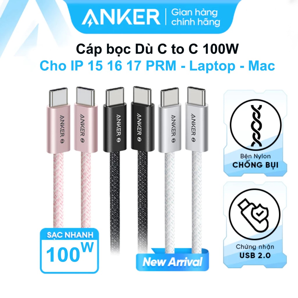 Cáp sạc nhanh ANKER Type C to C 100W bọc dù  A8756 A8757  sạc nhanh PD cho IP 15 16 17PRM Laptop Mac