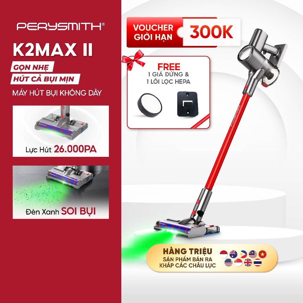 Máy Hút Bụi Không Dây PerySmith K2MAX-II Lực Hút 26.000 Pa, Đèn Laser Xanh Soi Bụi, Gọn Nhẹ 2.3kg