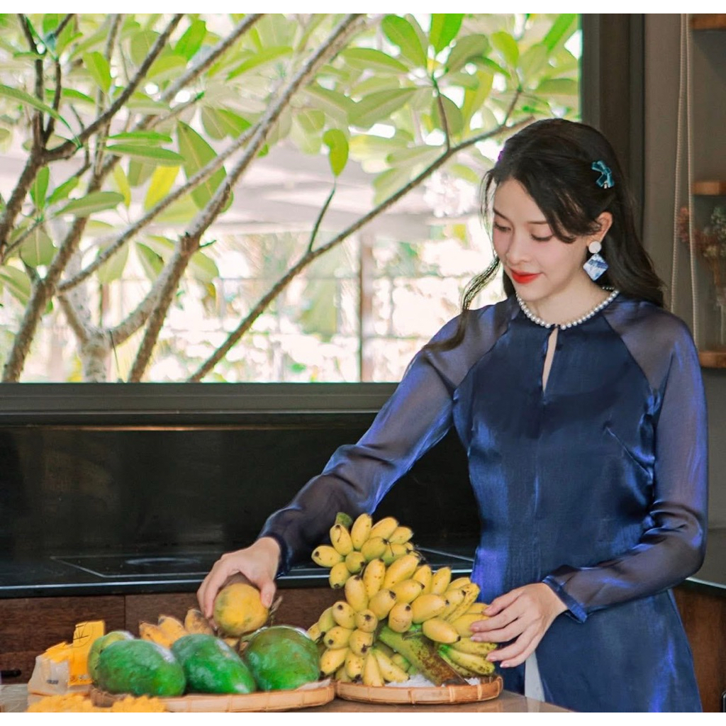 ao BÀ BA  lụa tằm ánh kim xanh