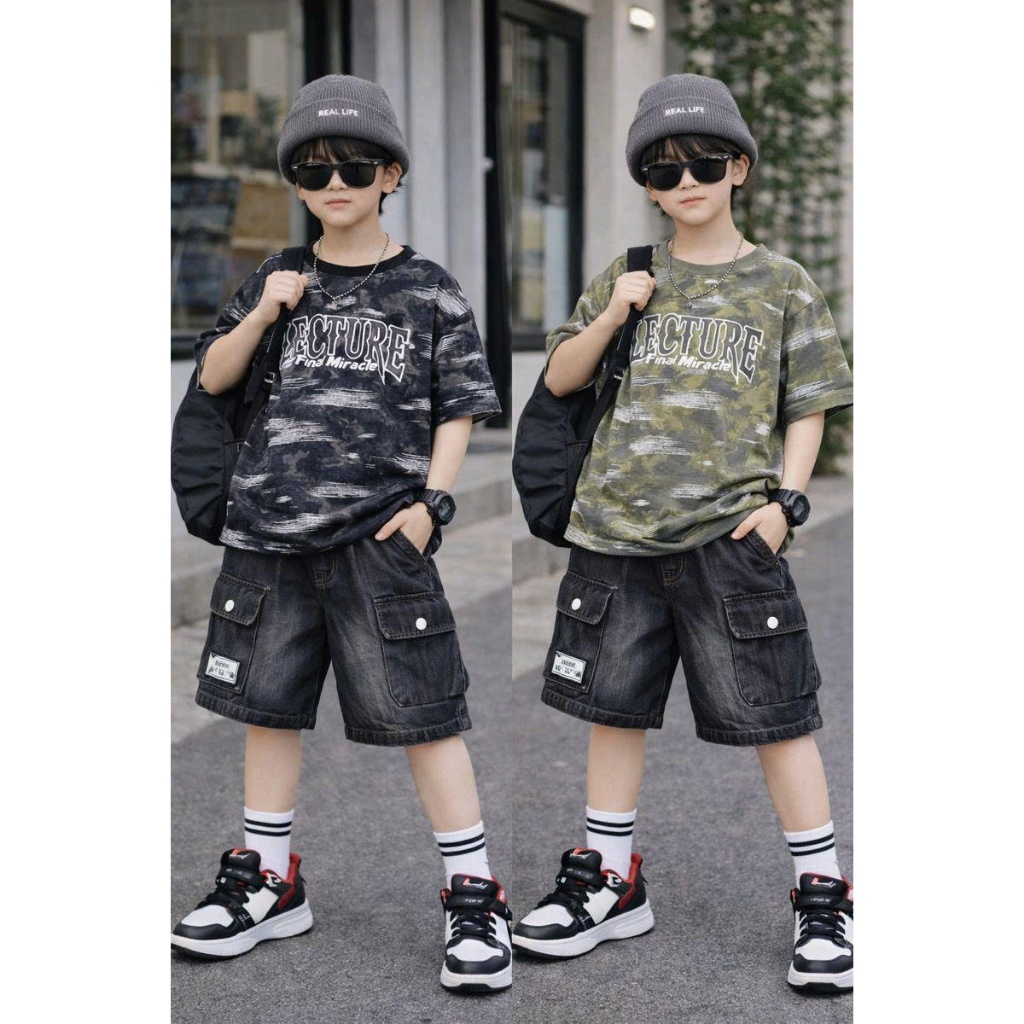 BỘ HIPHOP PHỐI QUẦN SHORT JEAN BÉ TRAI SIÊU NGẦU