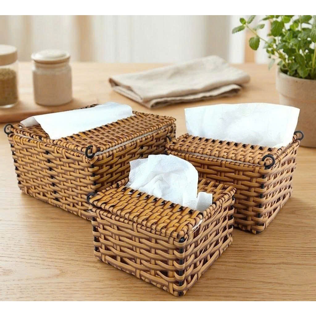 Hộp Đựng Khăn Giấy Vuông Dây Nhựa Đan Giả Mây Tre, Hộp Đựng Khăn Giấy Bàn Ăn