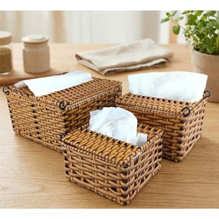Hộp Đựng Khăn Giấy Vuông Dây Nhựa Đan Giả Mây Tre, Hộp Đựng Khăn Giấy Bàn Ăn