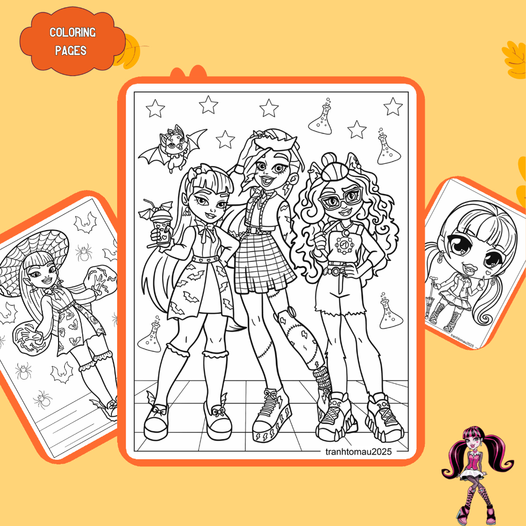 Bộ 50/25/10 tờ tranh tô màu, tranh tập tô cho bé, hình búp bê Monster High, giấy A4, A5 thường 70gsm