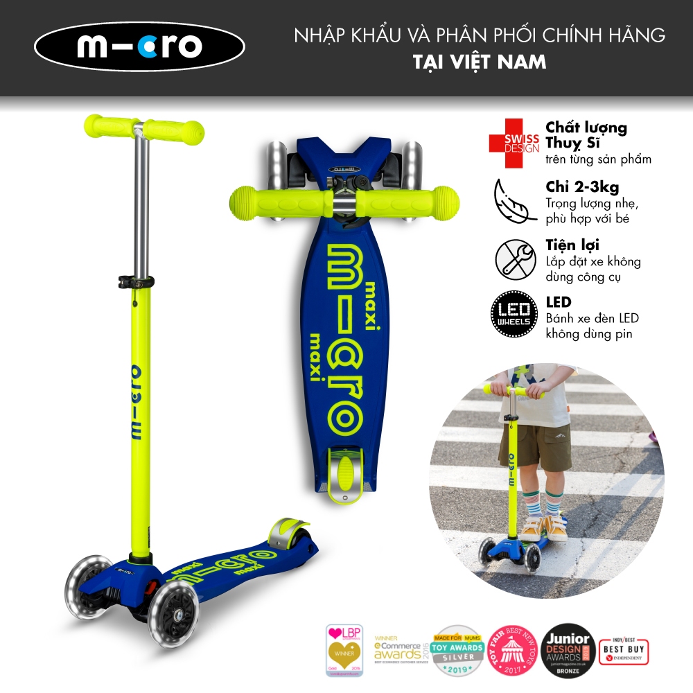 Xe scooter Micro Maxi Deluxe LED Canary Yellow cho trẻ 5-12 tuổi - Phân phối chính hãng Ann House