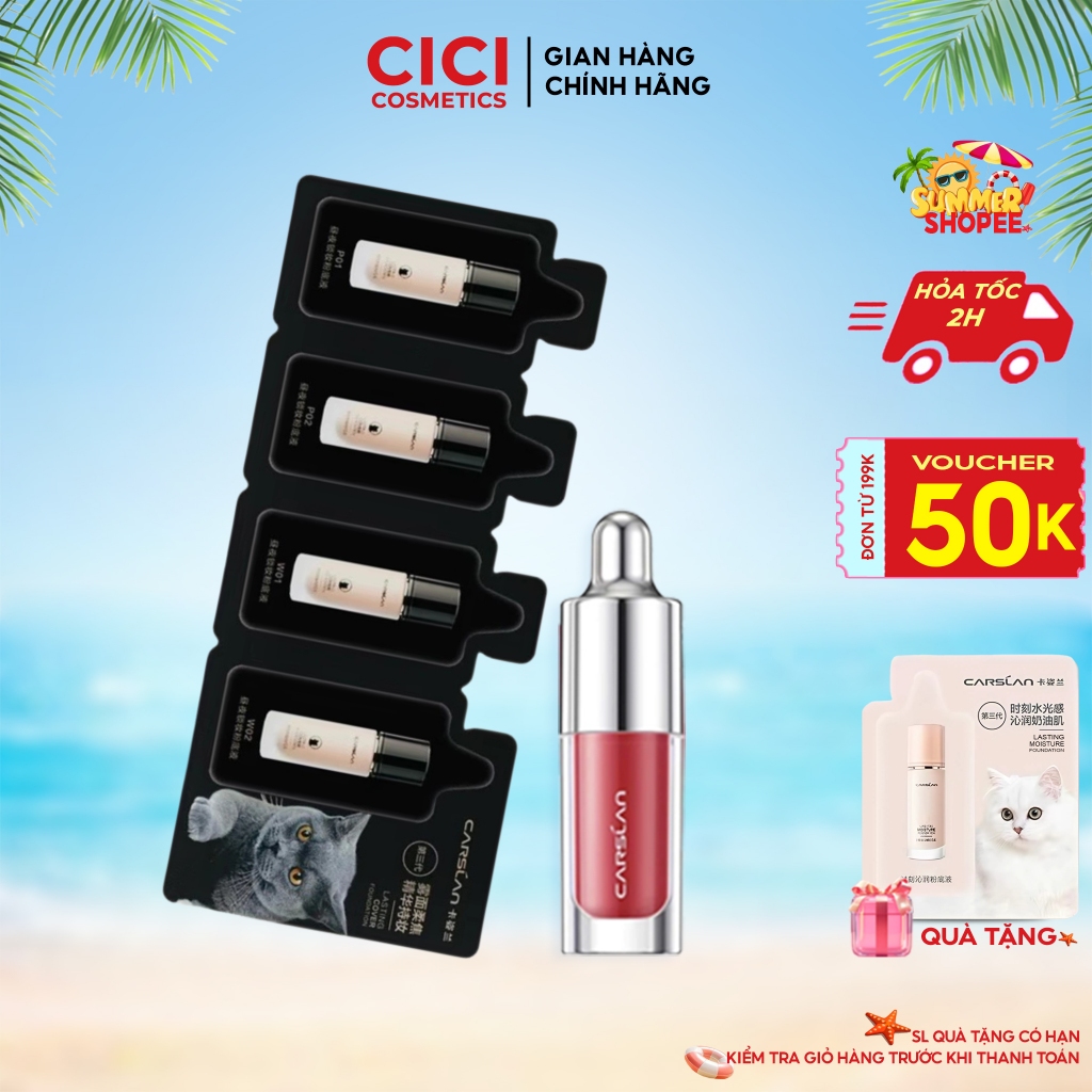 Combo Kem Nền Mini Carslan Chính Hãng + Son Mini Carslan–Che Khuyết Điểm, Lâu Trôi,Màu Son Lên Chuẩn