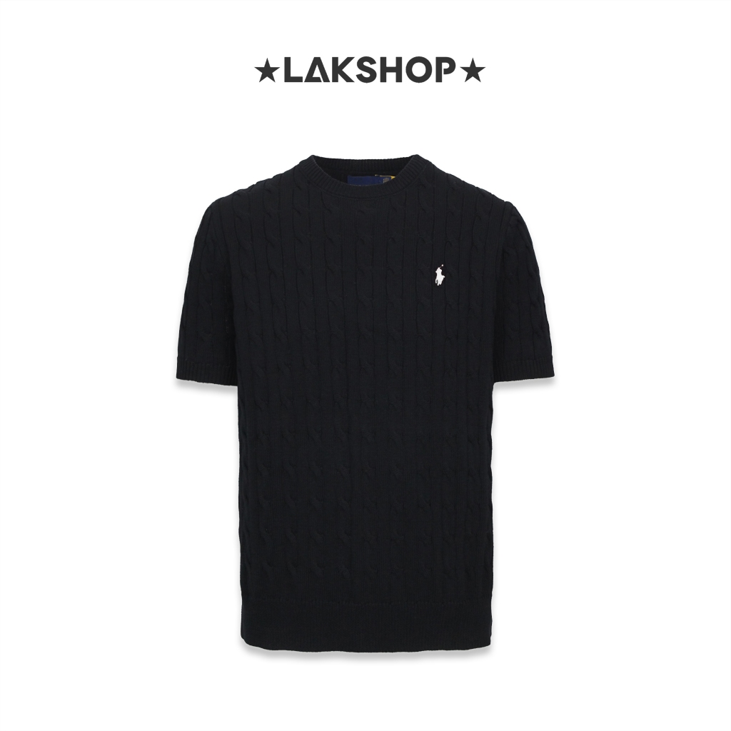 Áo Len Black Ribbed Cable-Knit Short-Sleeve Sweater