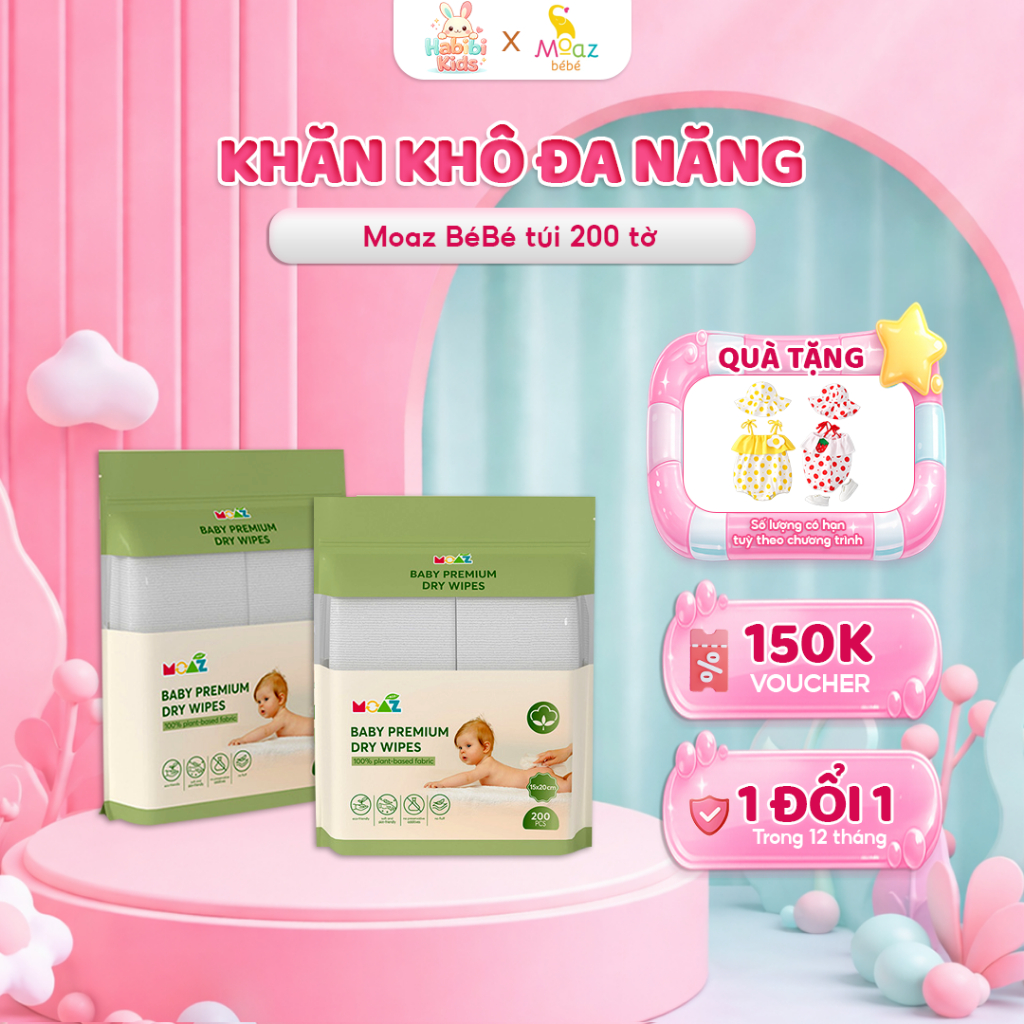 Khăn Khô Đa Năng Cho Bé Moaz Eco 15x20cm (Túi 50 Tờ/200 Tờ), Vải Không Dệt Mềm Mịn, Dịu Nhẹ An Toàn Dành Cho Bé