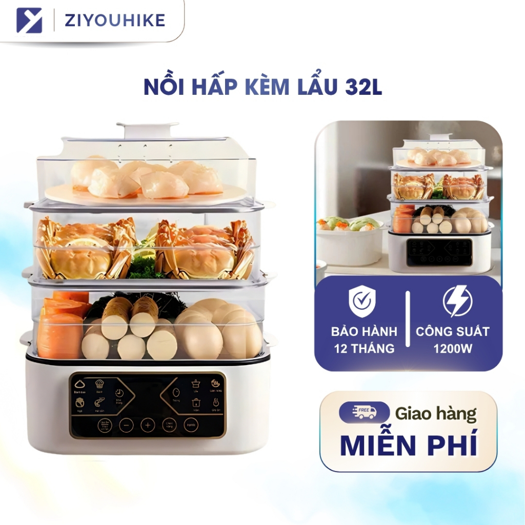 Nồi Hấp Điện 32L Đa Năng – Nồi Hấp 3 Tầng Kèm Lẩu, Hấp Gà Nguyên Con 3kg, Dùng Gia Đình, Tiện Lợi, BH 1 Năm