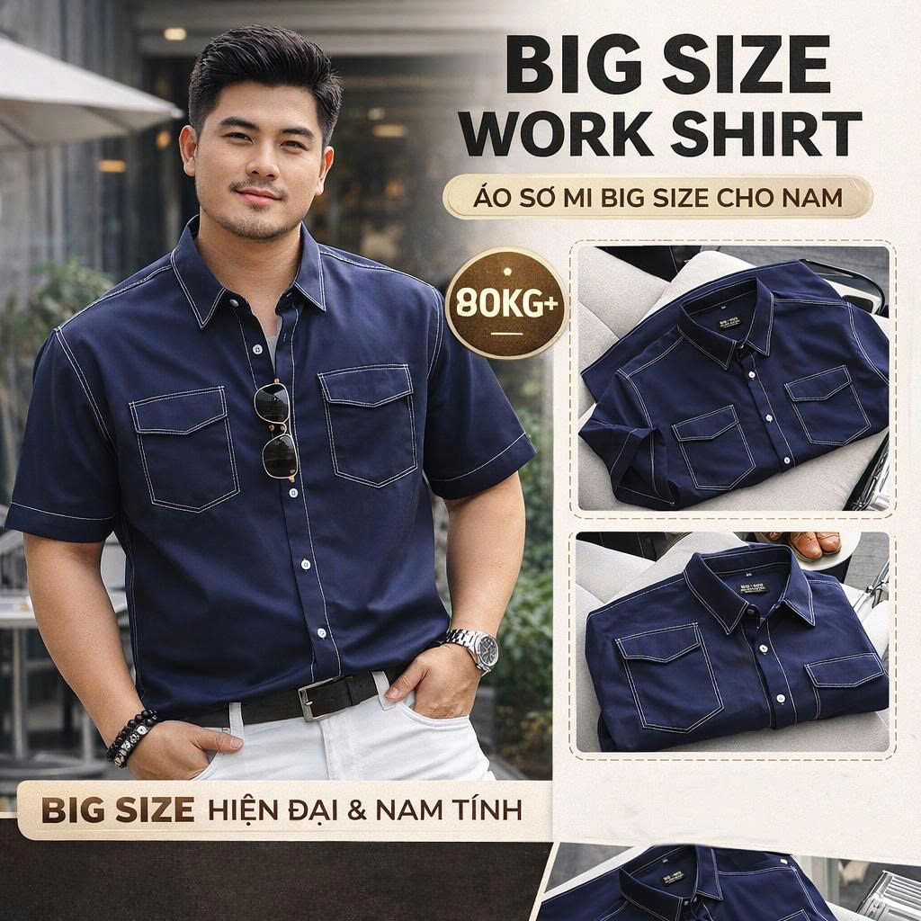 BIG MEN- Áo sơ mi tay ngắn bigsize nam vải mango xanh đen viền chỉ nổi bật phong cách trẻ trung thời