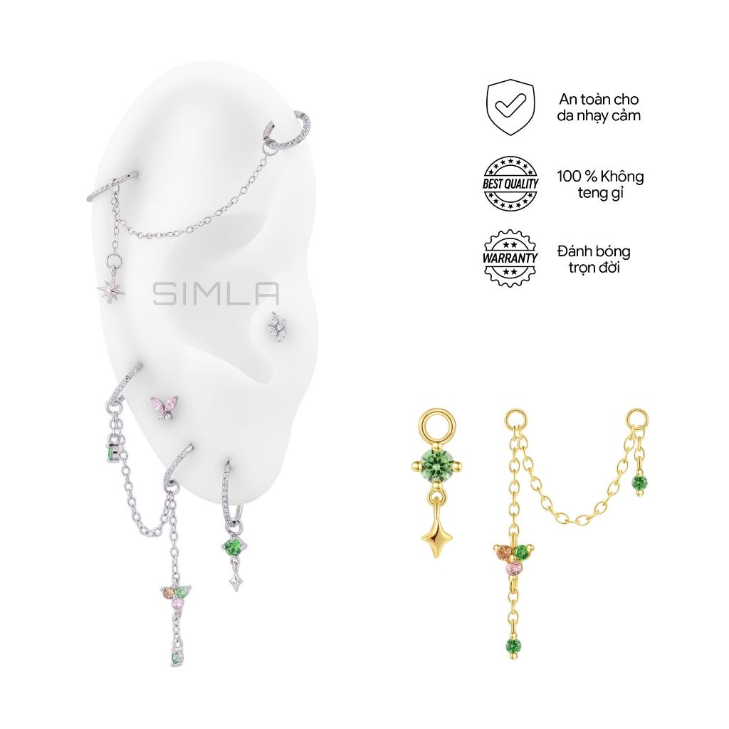 Charm đá xanh/ xích đá xanh bằng Bạc 925 Simla (Chiếc) - Simla Body Jewelry