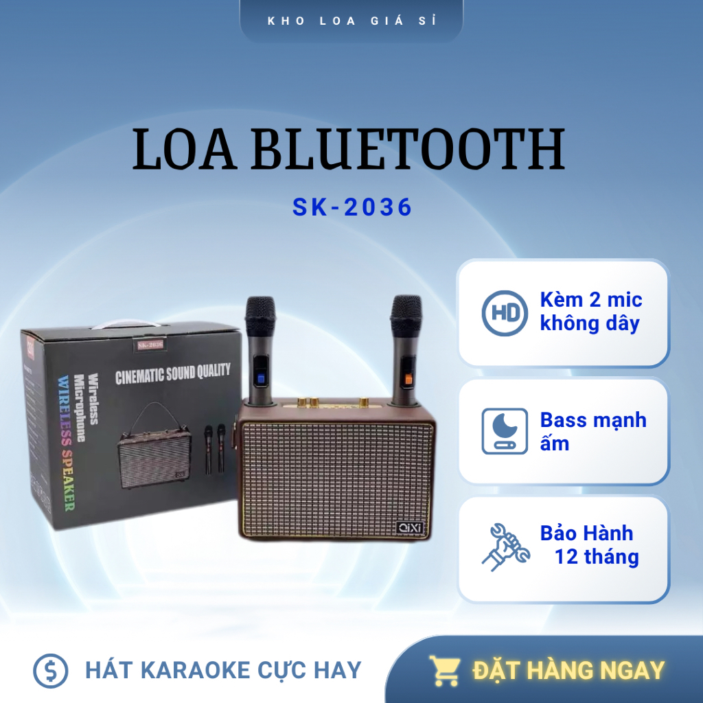 Loa karaoke mini Qixi SK2036, loa karaoke Bluetooth tặng kèm 2 micro, công suất lớn