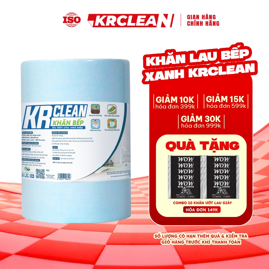 Cuộn khăn giấy lau bếp xanh KRCLEAN 20x20cm - Khăn giấy lau bếp đa năng, siêu thấm hút, lau bề mặt b