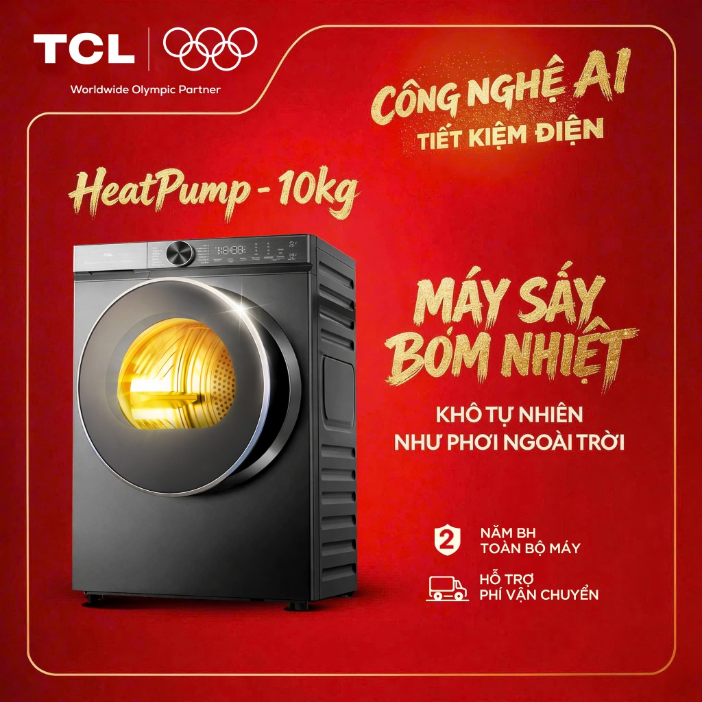 【HEAT PUMP】Máy Sấy Bơm Nhiệt TCL 10KG, AI Tiết Kiệm Điện, Bảo vệ sợi vải, TDH100-C682G, BH 2 Năm, Lắp đặt 0đ HCM HN