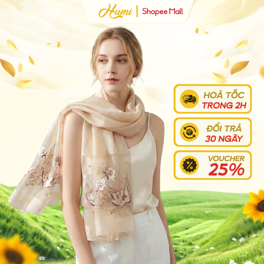 Khăn choàng lụa tơ tằm HUMI quàng cổ chất liệu cao cấp thêu hình hoa sen phụ kiện phối đồ sang trọng