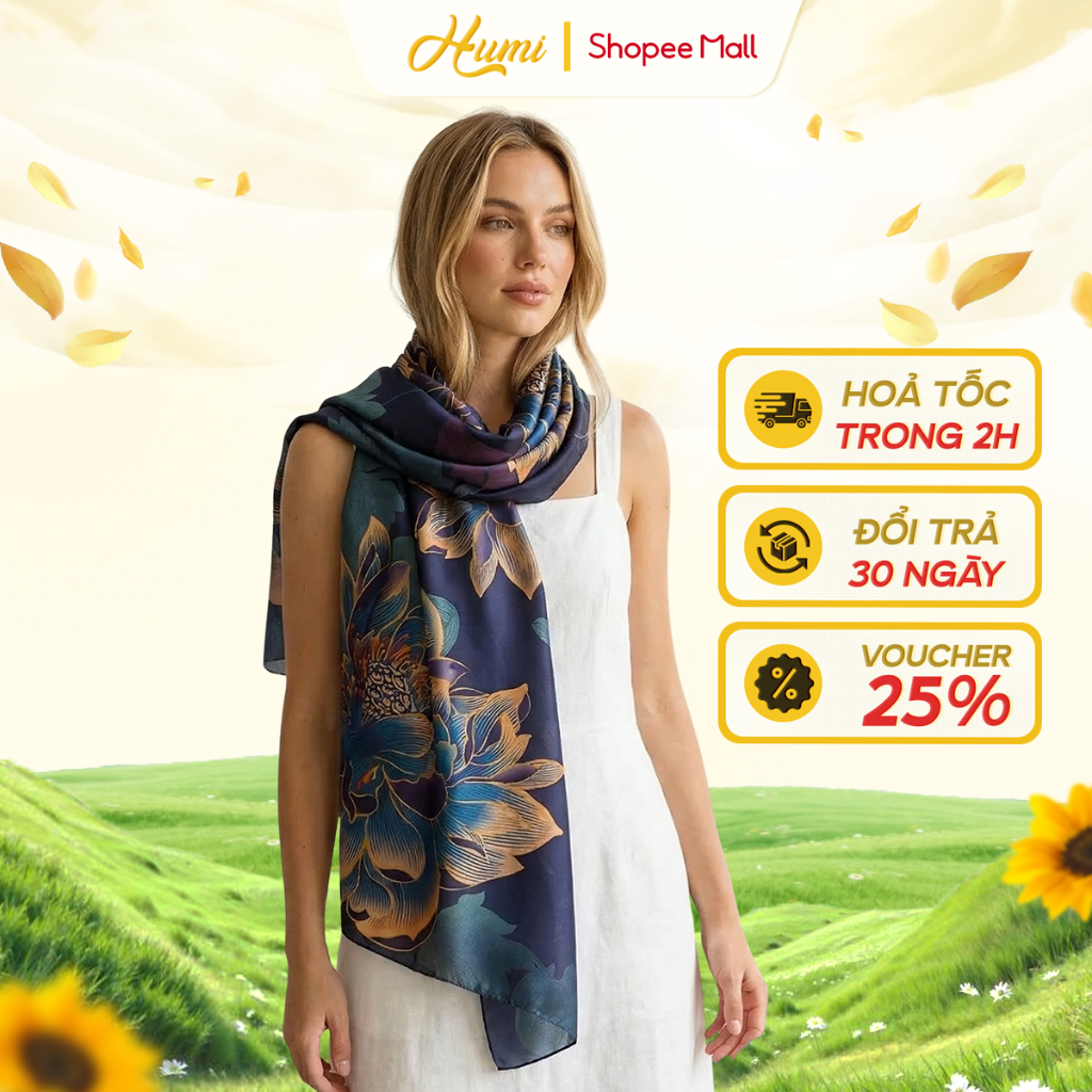 Khăn choàng lụa gấm 2 mặt cao cấp HUMI quàng chất lụa gấm dệt công nghệ cao làm quà tăng sang trọng