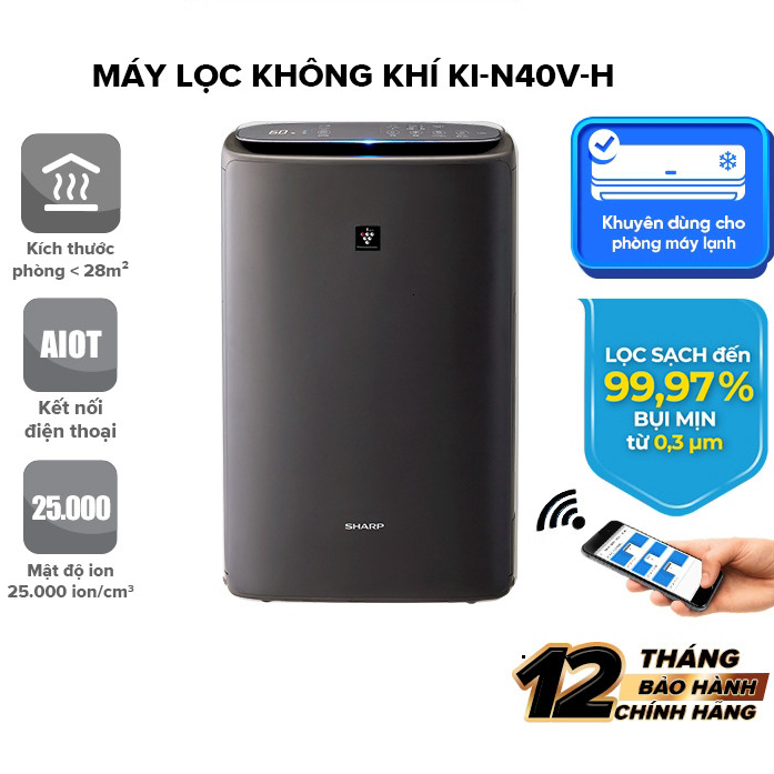 Máy lọc khí và tạo ẩm Sharp KI-N40V-H - Diện tích phòng < 28 m², 25,000 ion/cm³