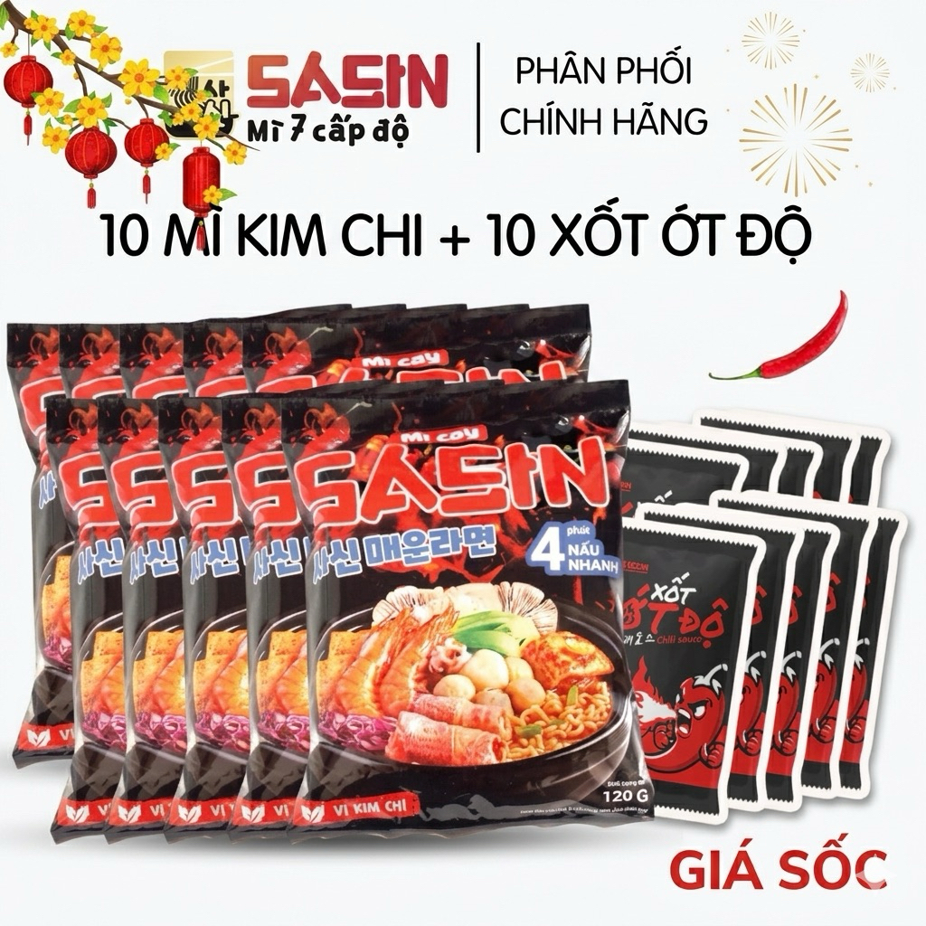 [ Combo 10 gói] Mì Cay Sasin Vị Kim Chi + Tặng 10 gói xốt ớt độ - CHUẨN VỊ SASIN