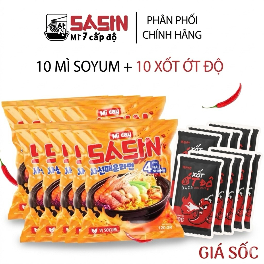 [COMBO 10] MÌ CAY SASIN VỊ SOYUM tặng 10 gói xốt ớt độ - CHUẨN VỊ MÌ CAY SASIN
