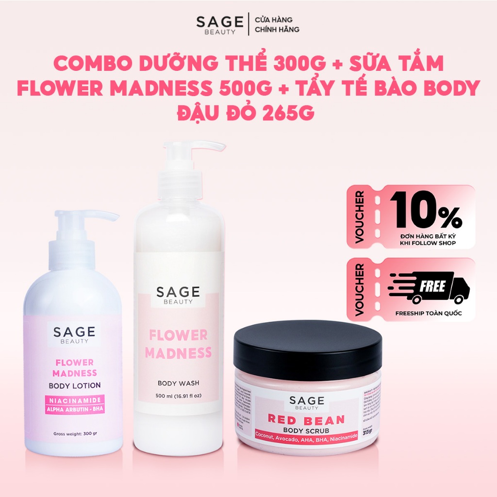 Bộ 3 Sữa Dưỡng Thể SAGE BEAUTY 300ml & Sữa Tắm Hương Ngọt Ngào 500ml & Tẩy Tế Bào Chết Cà Phê 265gr