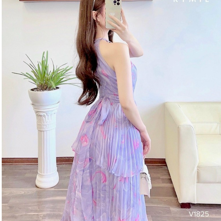 Đầm maxi đi đám cưới thời trang nữ sang trọng chất voan hoa cổ yếm không tay váy 2 lớp dập ly dáng chữ A dài maxi