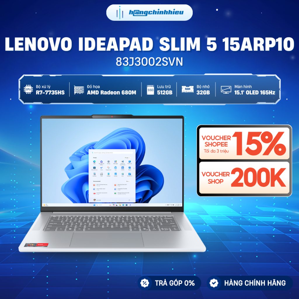 Laptop Lenovo IdeaPad Slim 5 OLED 15ARP10 83J3002SVN Chip R7-7735HS/ Ram 32GB / SSD 512GB /15.1' WQX