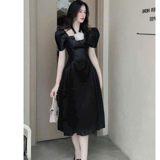 Đầm dễ thương dự tiệc sang trọng thời trang nữ chất tapta cổ vuông đính hoa tay ngắn có mút dáng váy chữ A dài maxi